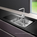 Molded Double Bowl Stainless Steel Toughened Tempered Black Glass Panel Kitchen Sink